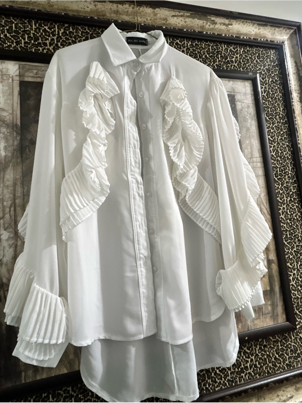 White Ruffle-Trim Button Front Blouse - Picture 1 of 4